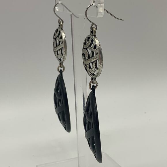 Silver Tone and Matte Black Dangle Pierced Earrings Open Design - Picture 7 of 7